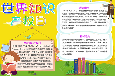 黄色卡通世界知识产权日小报手抄报模板